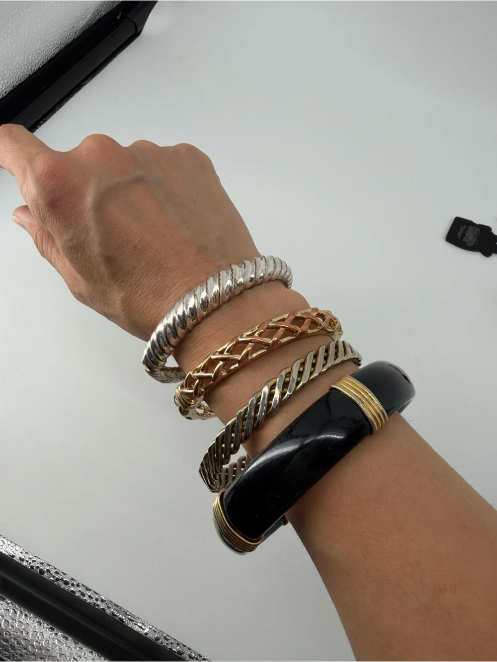 Vintage Bangle Bracelet Stack Set 4 Mixed Metal Gold Silver Black Mob Wife